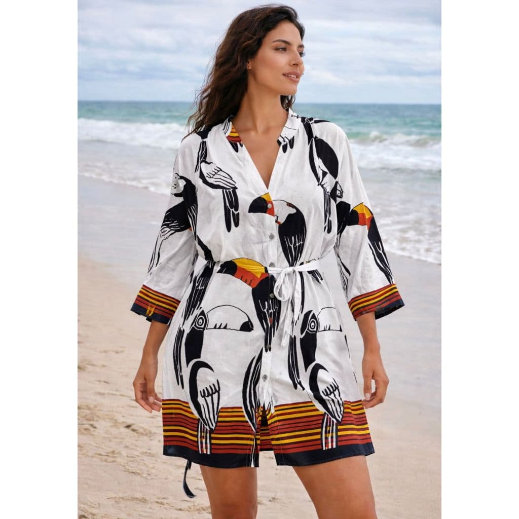 Saída de Praia Estampada Tucano Feminina | Kimono Curto com Botões e Amarração | Moda Praia Verão Leve e Confortável