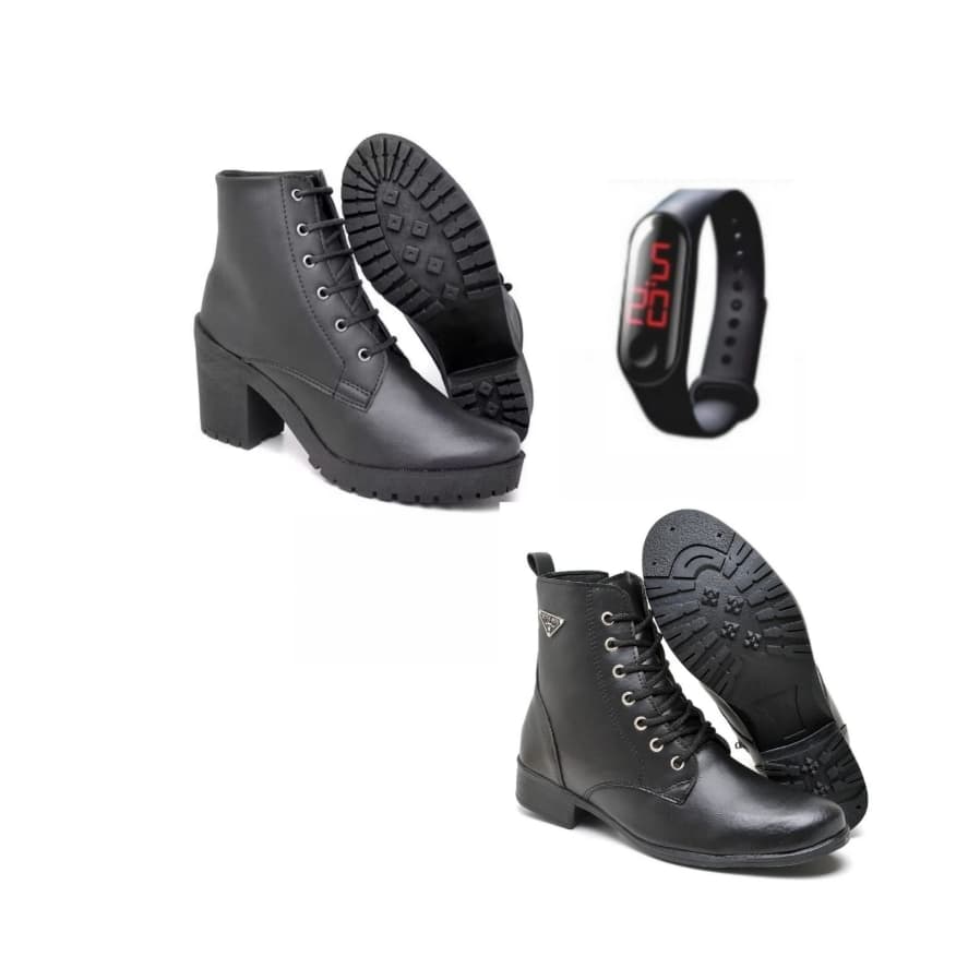 Bota feminina preta coturno cano curto salto grosso+ bota coturno feminina preta cano curto+ relógio