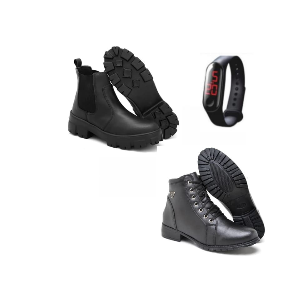 Bota feminina preta tratorado de borracha cano curto+ bota feminina coturno cano curto+ relógio