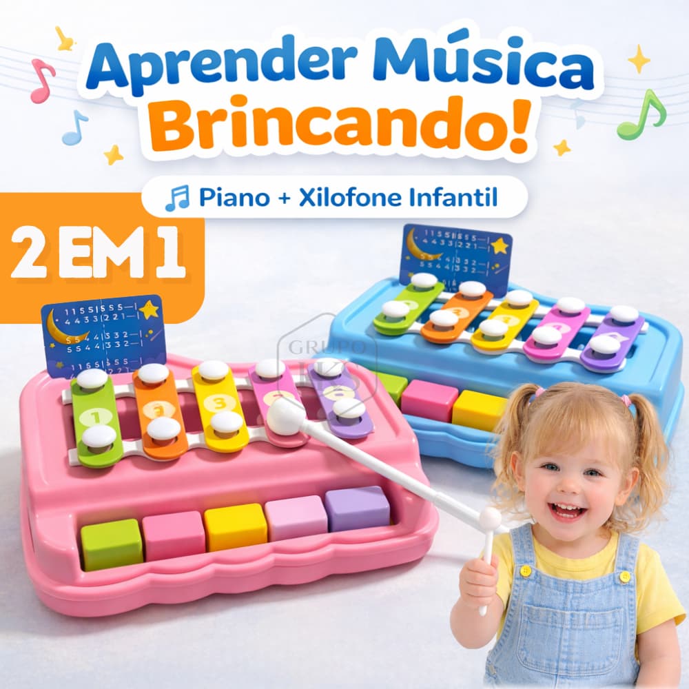 Brinquedo Musical Infantil 2 em 1 Piano + Xilofone com Baquetas e Cartão Musical – Mini Educativo