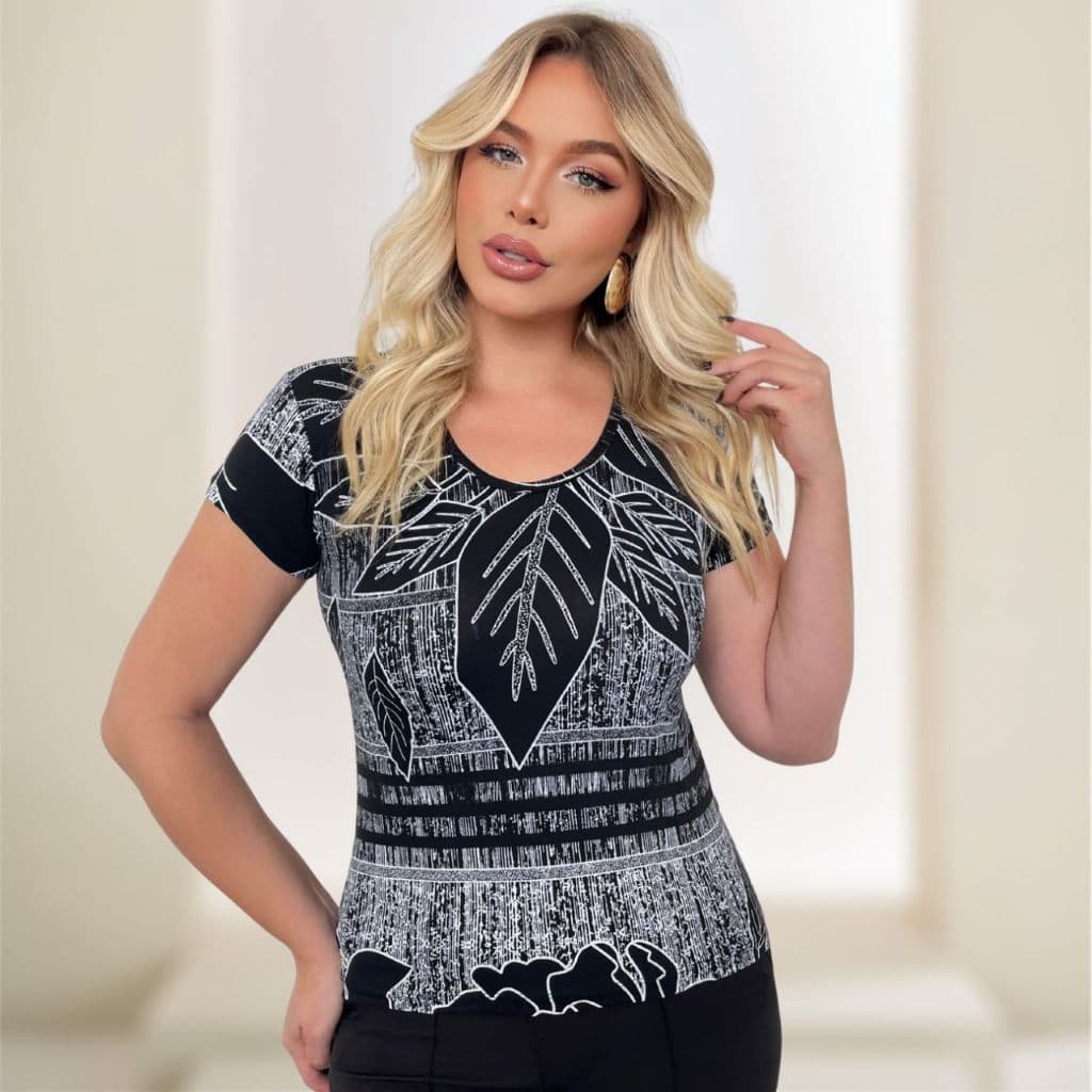 Blusa Feminina Estampada Viscolycra Confortável Básica T-Shirt Com Manga Casual