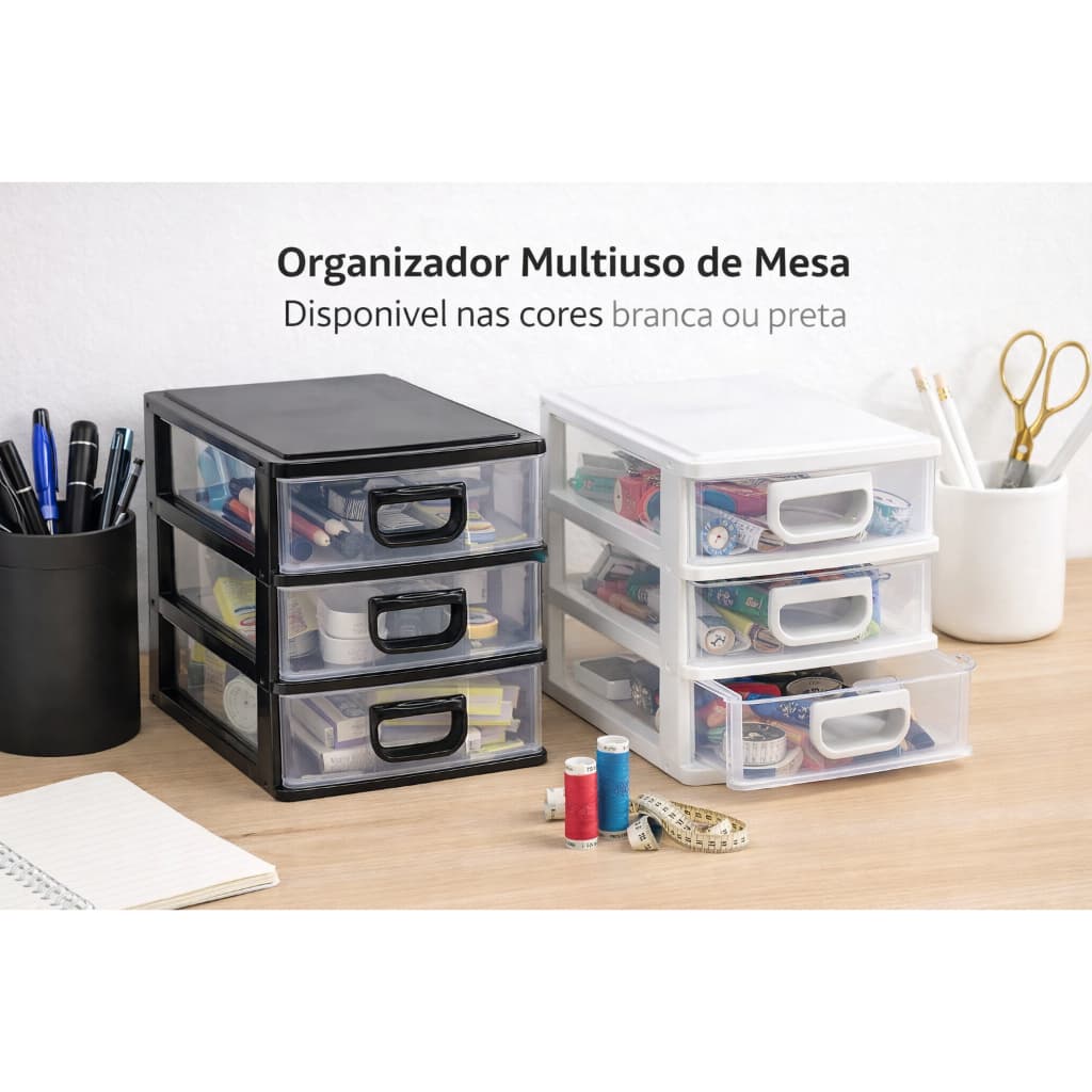 Gaveteiro Organizador Multiuso 3 Gavetas Plástico Branco/Preto mini