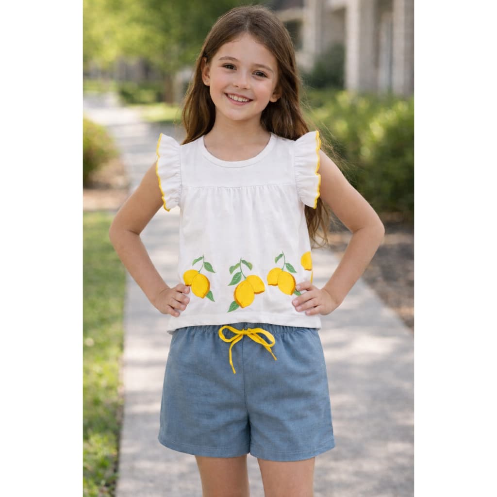 Conjunto Infantil Blusa Meia Malha com Estampa de Limão e Shorts Moletinho