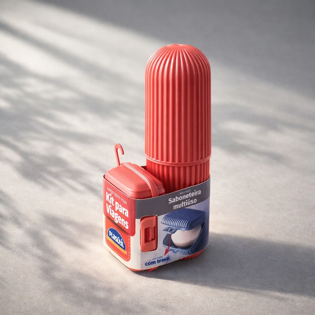 Kit Viagem 2 PÇ Saboneteira com Trava e Porta Escova Multiuso de Plástico para Bolsa Mala Plasútil