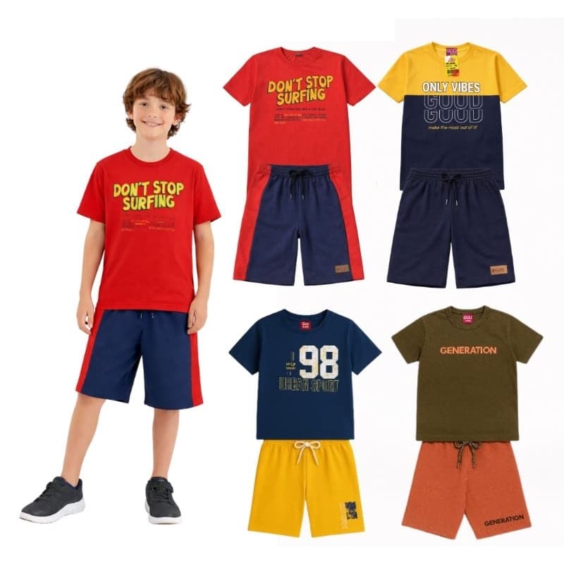 Kit 8 Peças de Roupa Menino Verão - Conjunto Juvenil Masculino - 4 Camisetas e 4 Bermudas