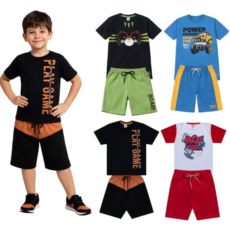 Kit 8 Peças de Roupa Menino Verão - Conjunto Infantil Masculino - 4 Camisetas e 4 Bermudas