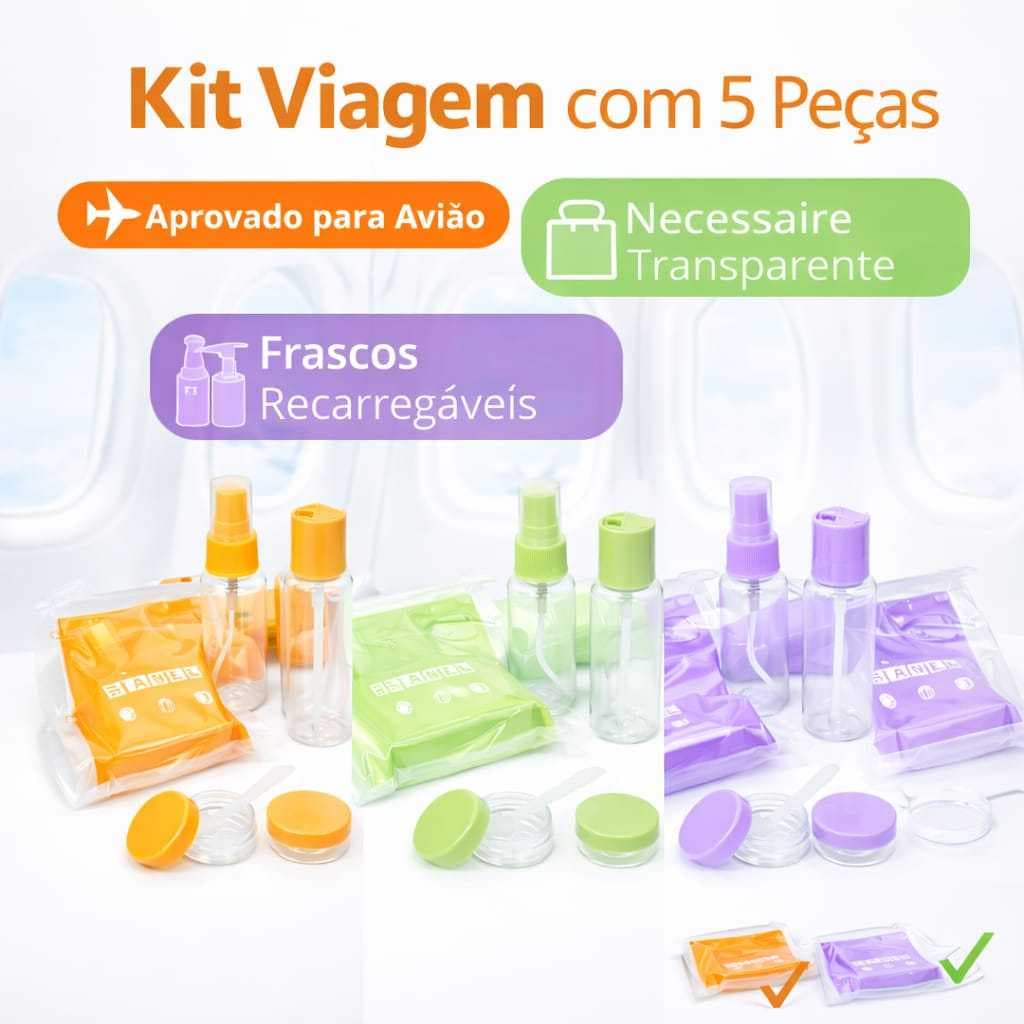 Kit Viagem Frascos Recarregaveis 7 Peças com Necessaire Transparente Aprovado para Avião