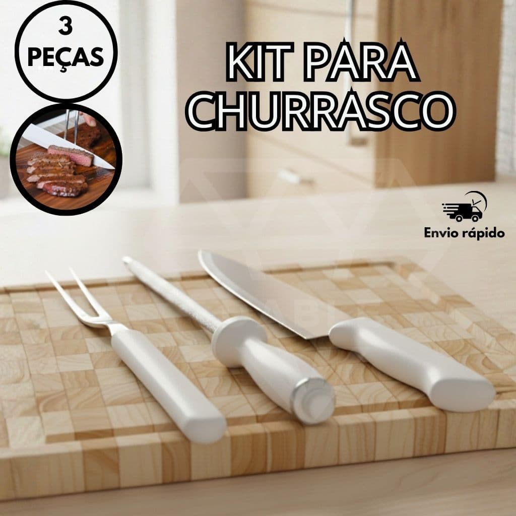 Kit Para Churrasco 3 Peças Faca Garfo Amolador Conjunto Em Aço Inox Completo com Chaira Para Churrasqueiro Cozinha