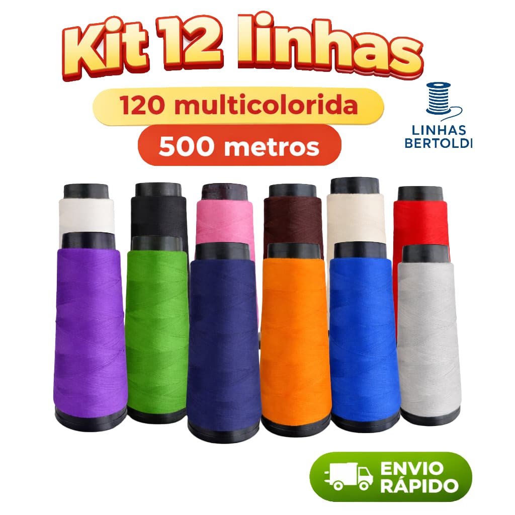 Kit 12 Linha De Costura Reta 120, Cone 500 metros, Colorido -Linhas Bertoldi - Overloque, Cobertura.