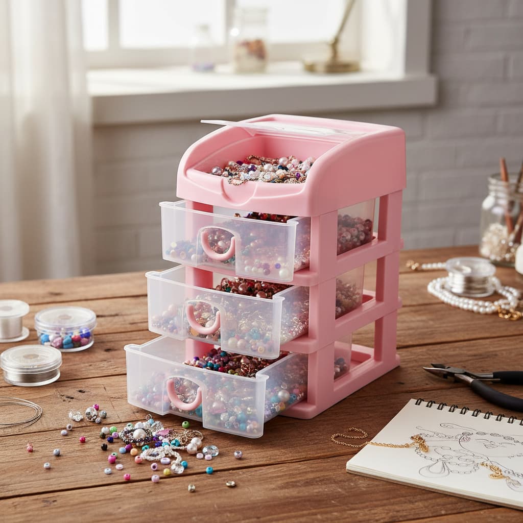 Mini Gaveteiro Organizador Rosa Com 3 Gavetas – Caixa Para Miçangas Plástico Para Organização