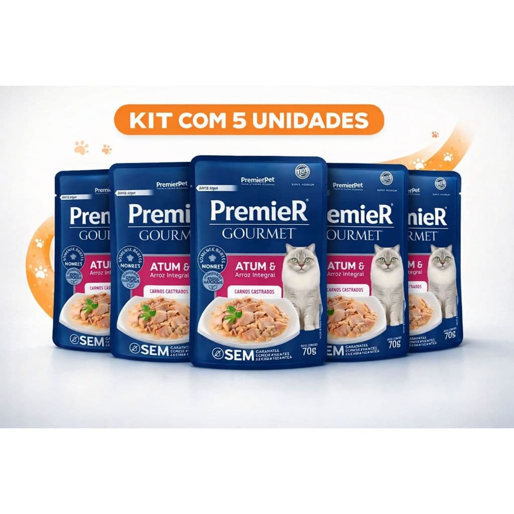 Kit 5 : Ração Úmida PremieR Gourmet Gatos Castrados Atum e Arroz Integral 70 g. Produto Original
