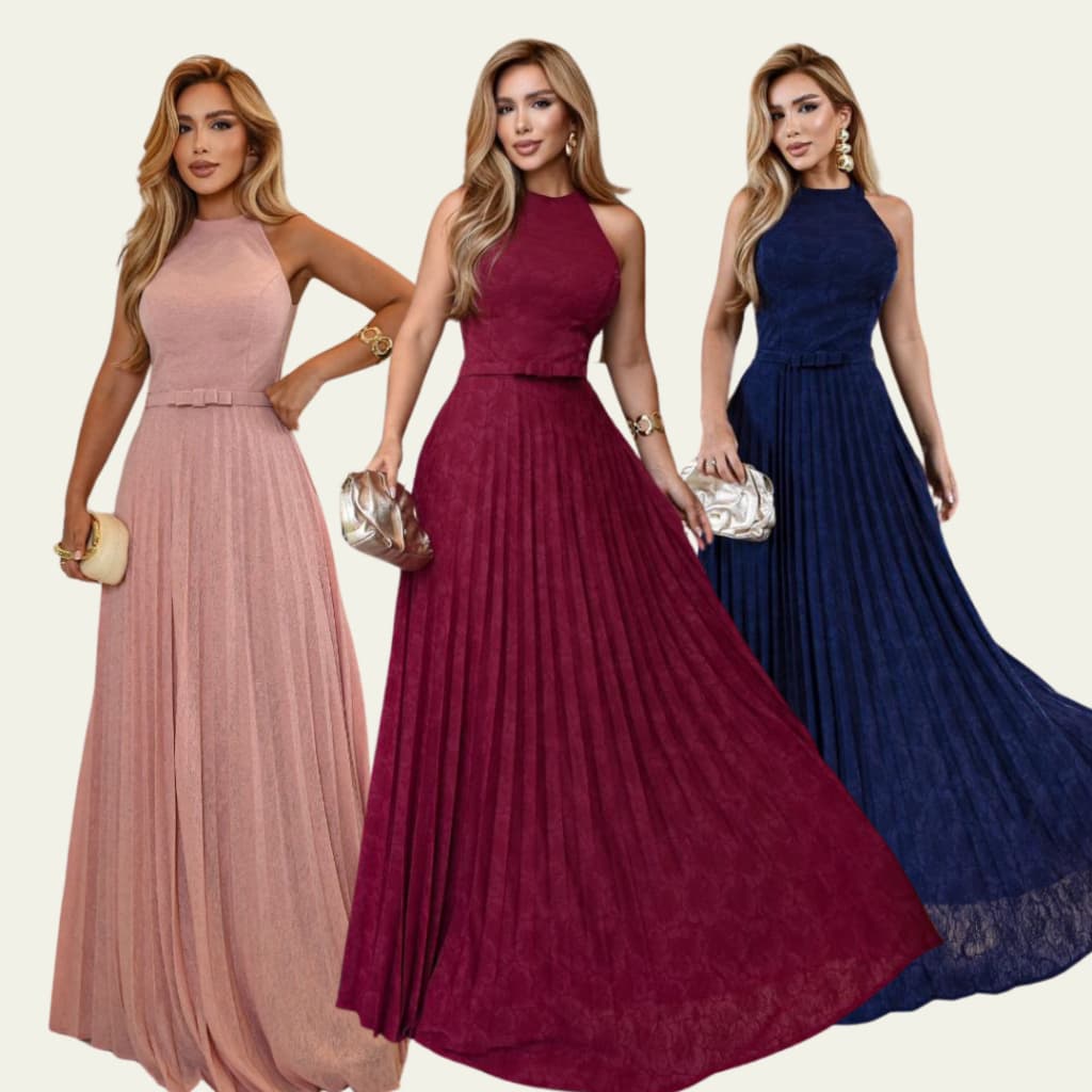 VESTIDO LONGO PLISSADO NO TULE JACQUARD COM CINTO ELEGANTE E CONFORTÁVEL