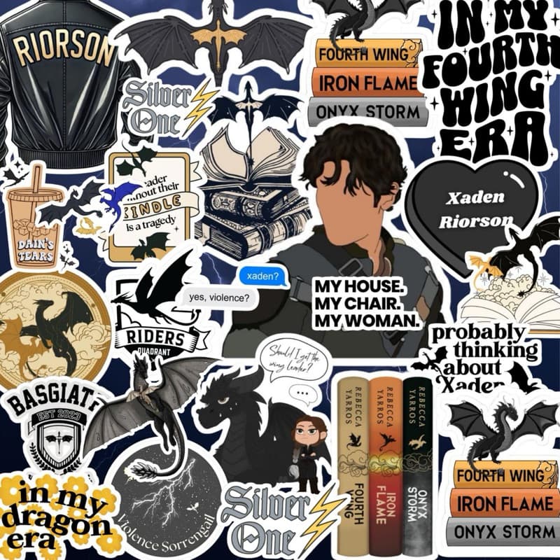 30 adesivos Quarta Asa (Fourth Wing) | Adesivos Bookish para Kindle, Celular | Vinil à Prova d’Água, Alta Qualidade