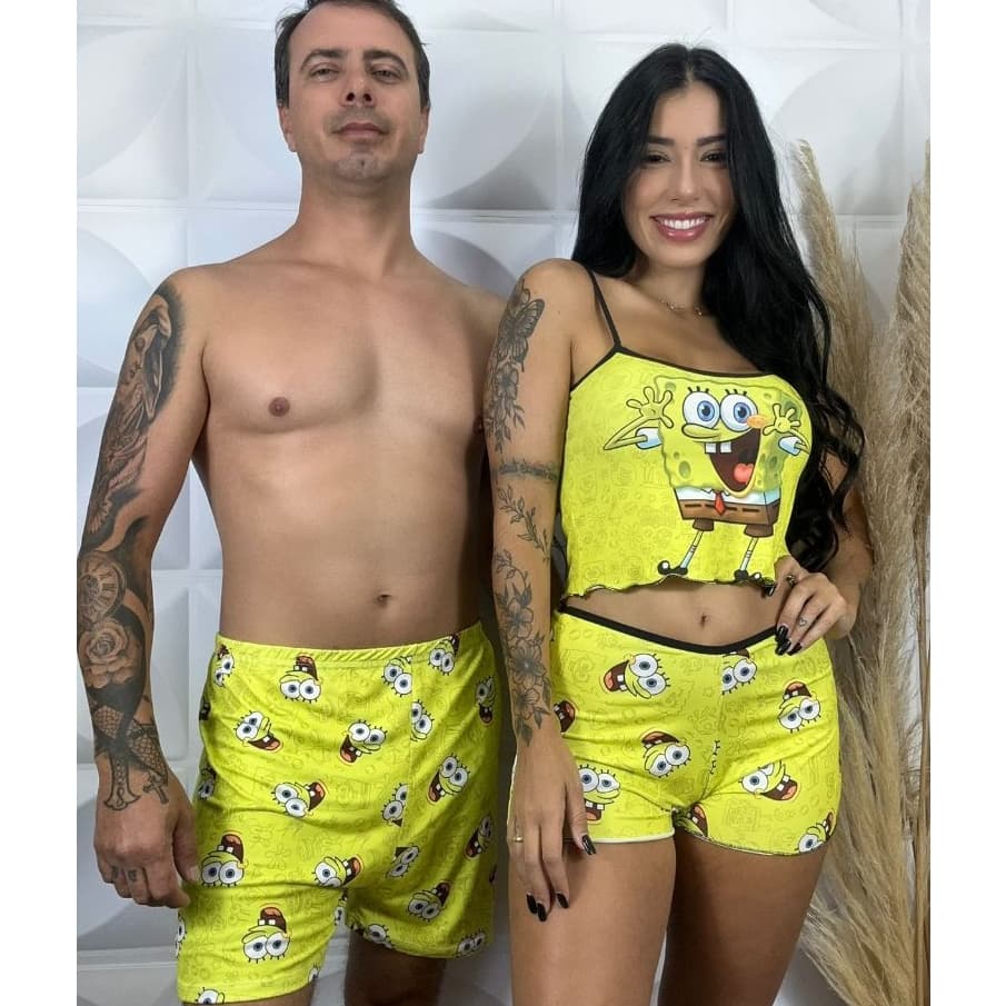 Pijama Conforto e Estilo Kit Casal Baby Doll Suede Cropped Feminino + Samba Canção Masculino