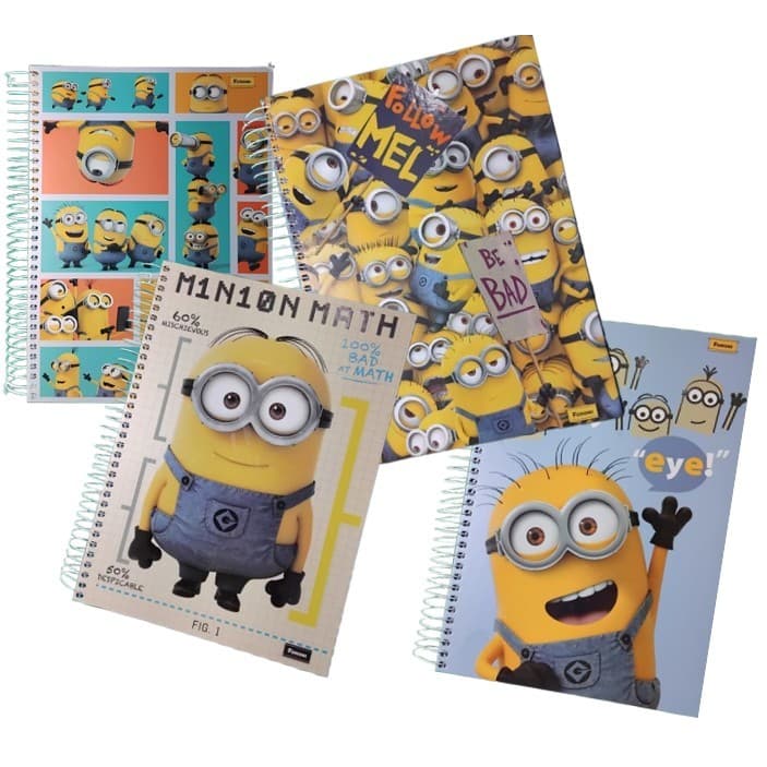 Caderno Universitario 12 Materias Minions C/ Adesivos E Porta Documentos