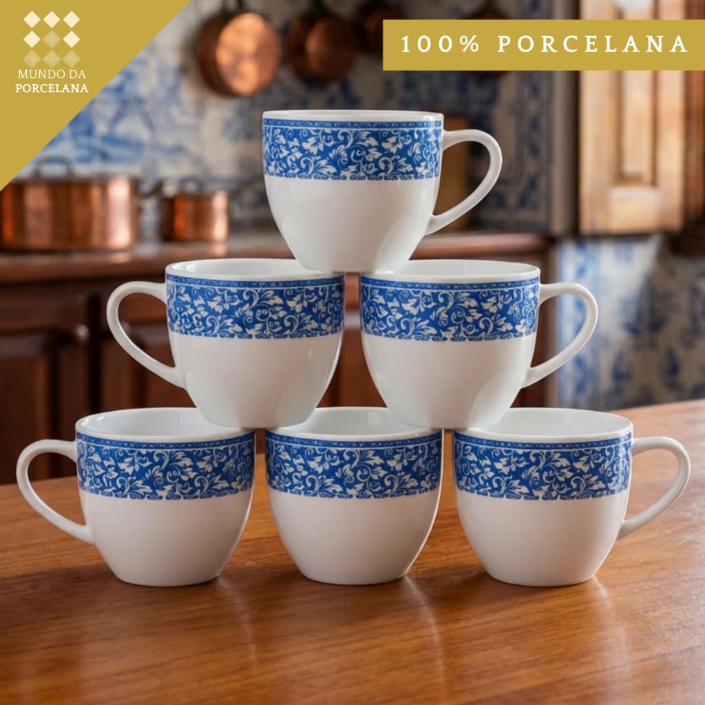 Jogo 6 Xícaras Café Chá Porcelana Floral Decorada Xicara Caneca Cafe 170ml Florida
