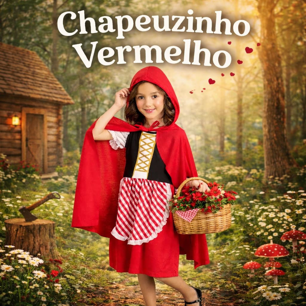 Fantasia Infantil Menina Chapeuzinho Vermelho Vestido Infantil Luxo com Capa Roupa Infantil