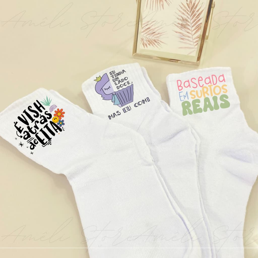 Meia Branca Cano Alto Personalizada Kit 03un de Meias Frases Divertidas