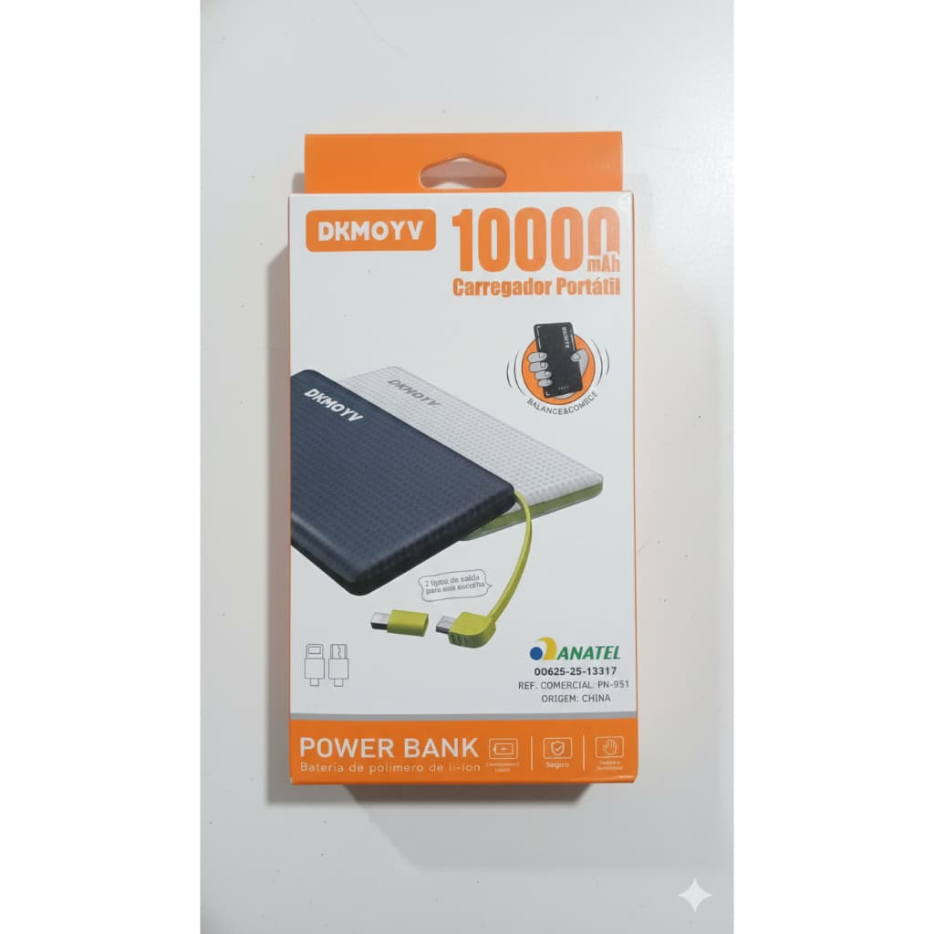 DKMOVY Power Bank 10.000mAh Carregador Portátil Polímero Li-ion Compacto PN-951 Preto