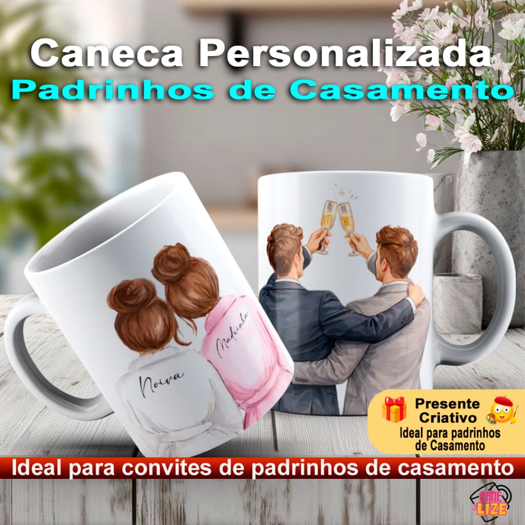 Caneca Xícara Copo Convite Madrinha e Padrinho Casamento 325ml Presente Especial para Casamento