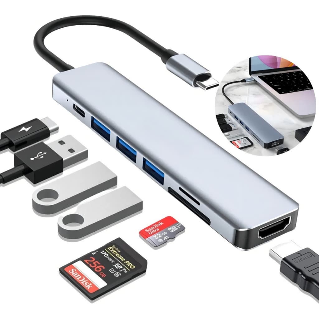 Adaptador Hub 7 Entradas Usb 3.0 Tipo C Hdmi Cartão De Memória Notebook Macbook Cinza
