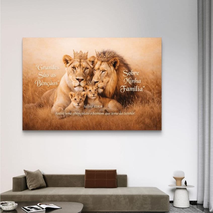 Quadro Decorativo Leão Leoa Dois Filhotes Grandes São Bençãos Sala Quarto