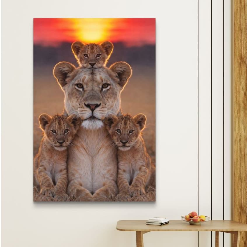 Quadro Decorativo 110x80 Leoa Com 3 Filhotes Hall Luxo Sala Quarto Casa Decoração De Parede MDF