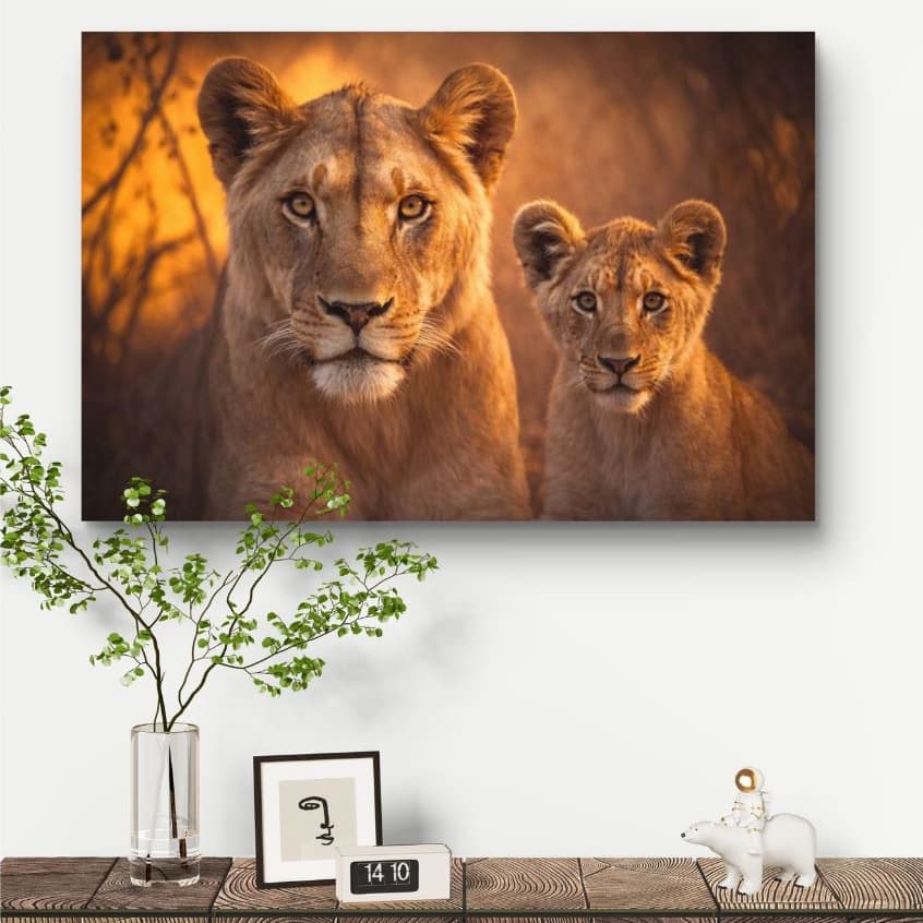 Quadro Decorativo 110x80 Leoa Filhote Hall Luxo Sala Quarto Casa Decoração De Parede MDF