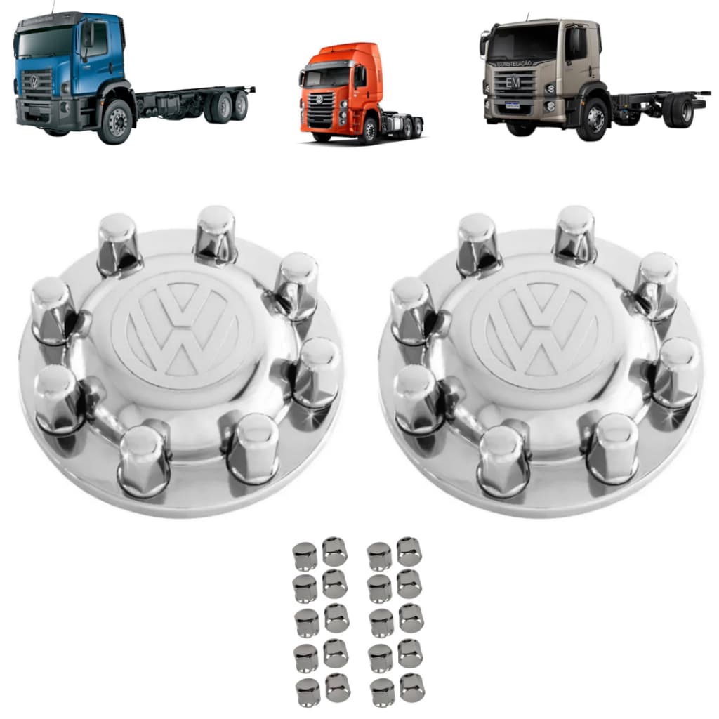 Kit Tampa Aplique Cubo Cromado Tração Caminhao Onibus Volks Vw Constellation + Capa de Porca