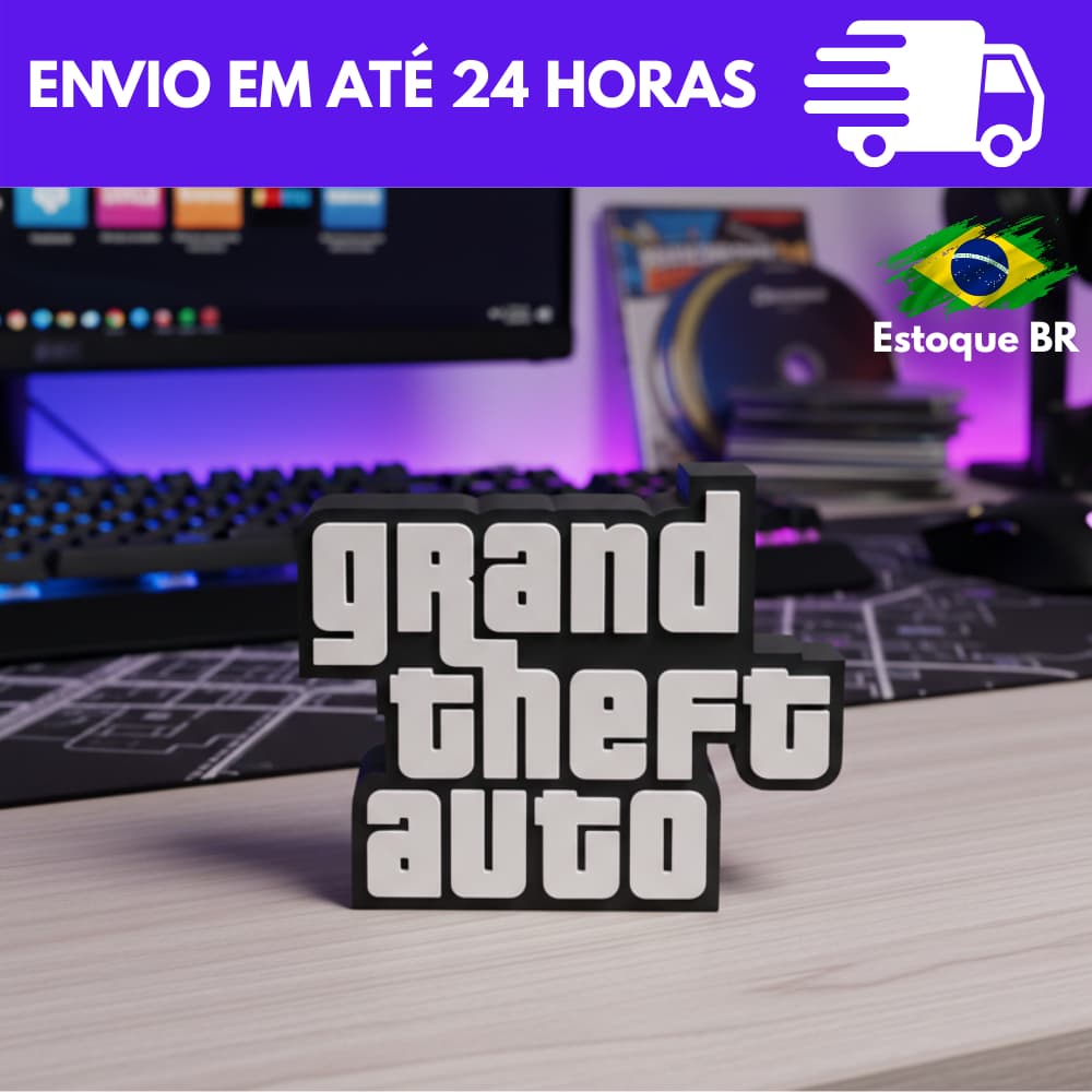 Placa Decorativa Gamer GTA Grand Theft Auto – Letreiro para Quarto Gamer, Setup e Decoração Geek