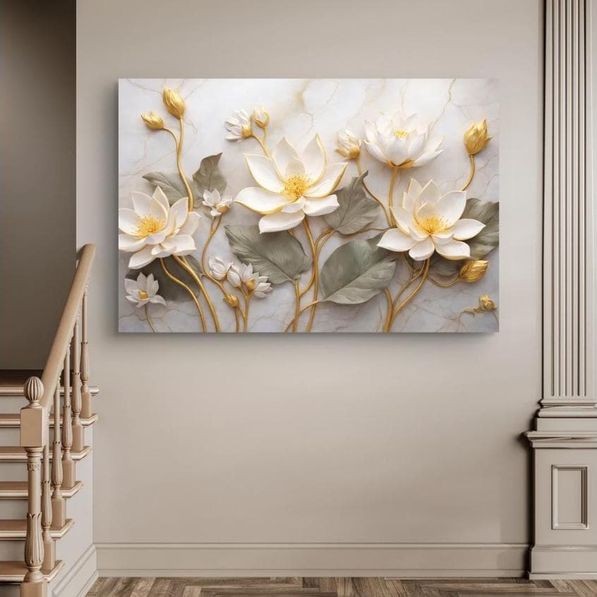 Quadro Decorativo 110x80 Flor de Lótus Branca Hall Luxo Casa Sala Quarto Decoração Grande Moderno