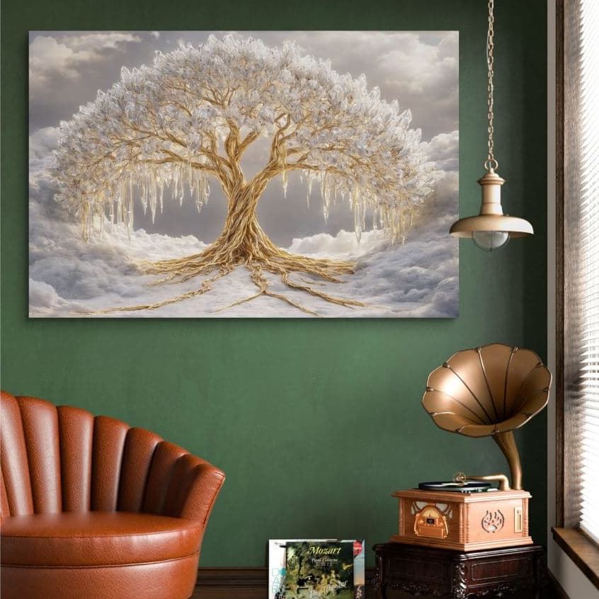 Quadro Decorativo Árvore Da Vida Dourada Cristal Tamanho Gigante MDF 110x80 Para Sala Quarto