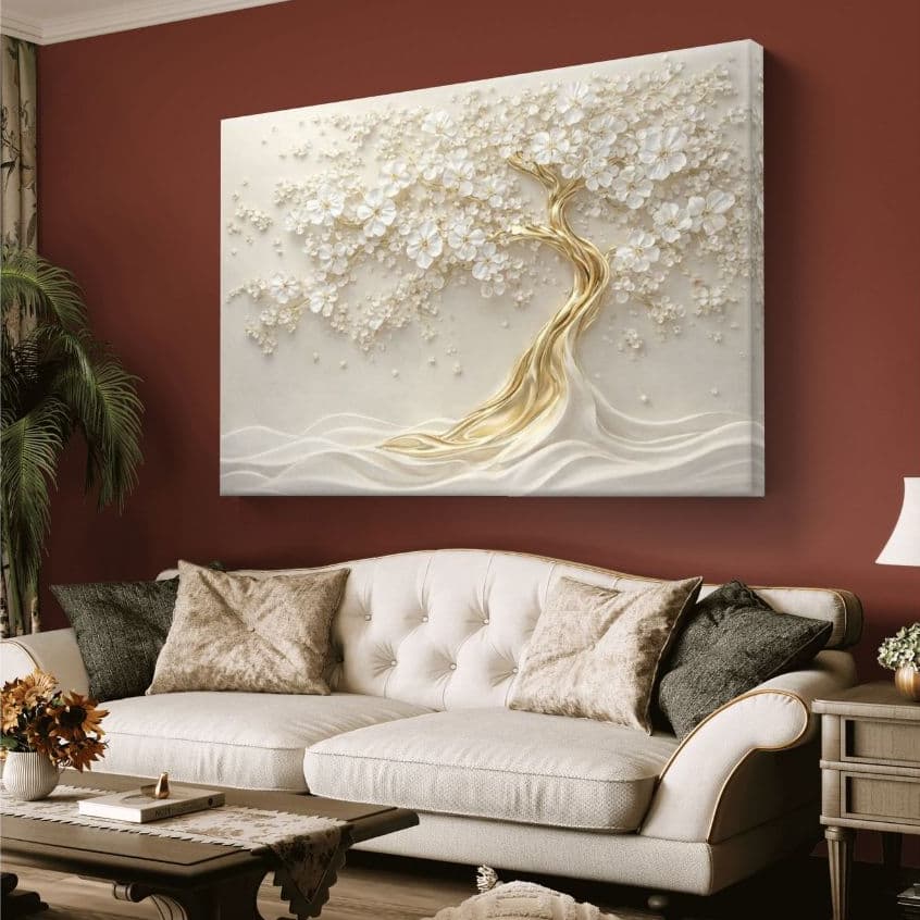 Quadro Decorativo Árvore Da Vida Gigante Flores Branca E Dourada MDF 110x80 Para Sala Quarto