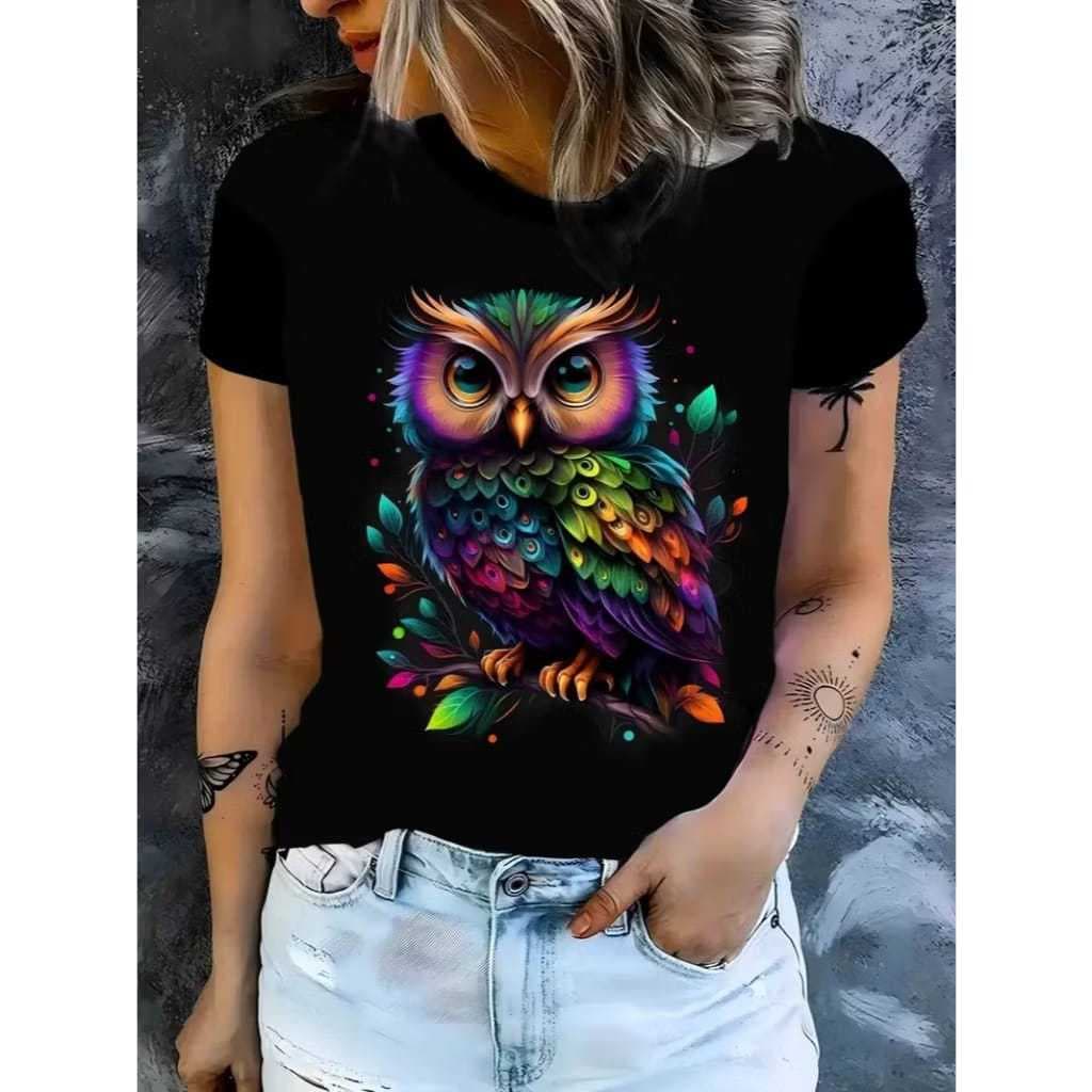 Camiseta Estampada 100% Algodão Coruja Colorida Estilo Moderno Exclusivo com Estampa Criativa