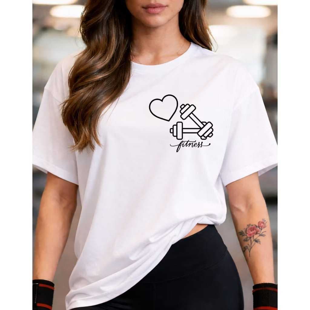 Camiseta 100% Algodão Feminina Gym Treino Academia Fitness Musculação Halter Fofo