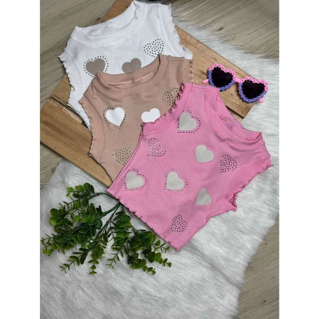 Blusinha Regata Coração Strass Meninas 02 ao 10