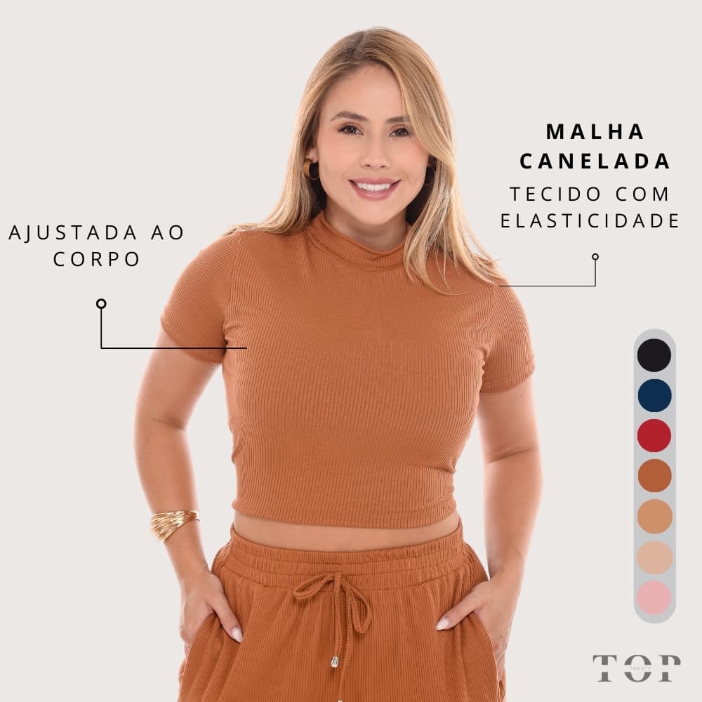 Blusa Feminina T-shirt  Modelo Cropped Malha Canelada com Gola Alta e Manga Curta