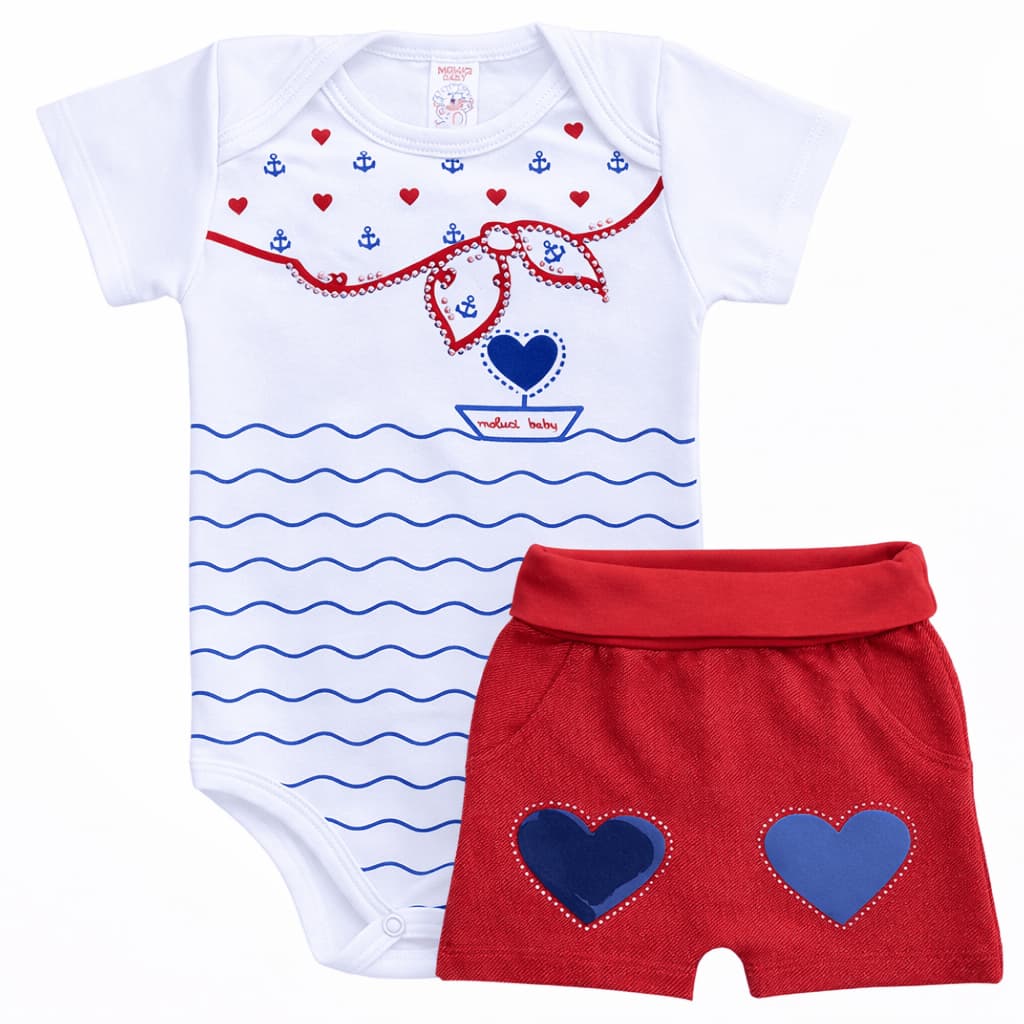 Conjunto Bebê Menina Coração RN a 12 Meses | Body + Short Algodão