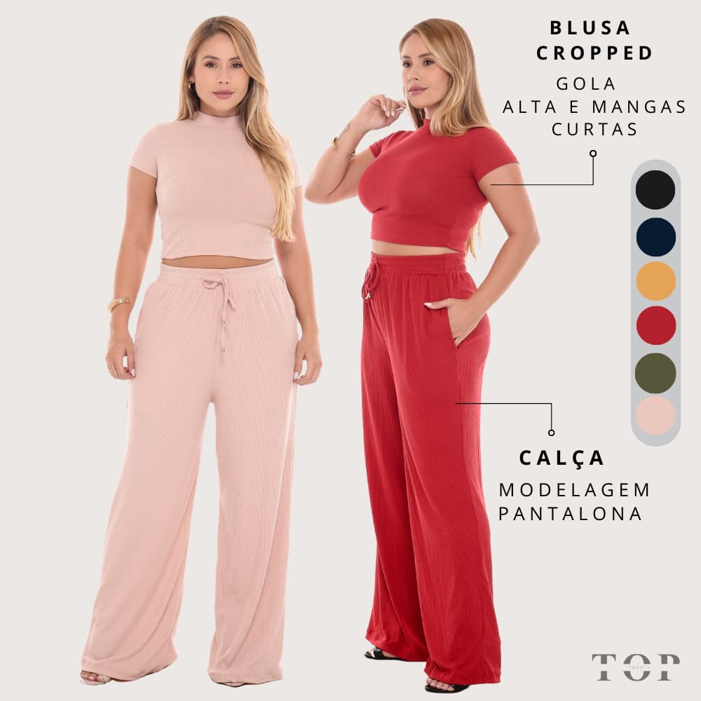 Conjunto Feminino Calça Pantalona com Bolso e Blusa com Gola Alta Malha Canelada