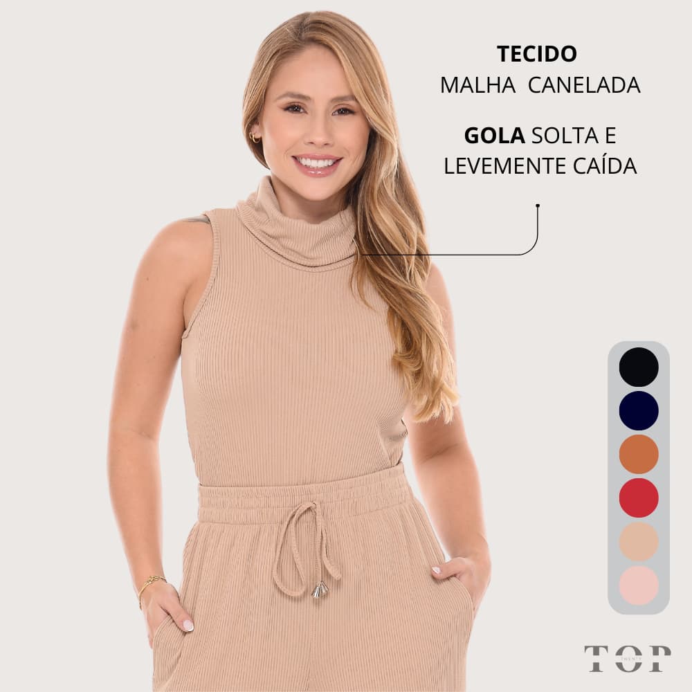 Blusa Feminina Regata Gola Boba Cacharrel em Malha Canelada