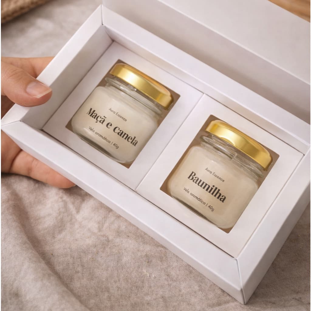 Kit Presente com 2 Velas Aromáticas 40g cada | Caixa com Laço de cetim