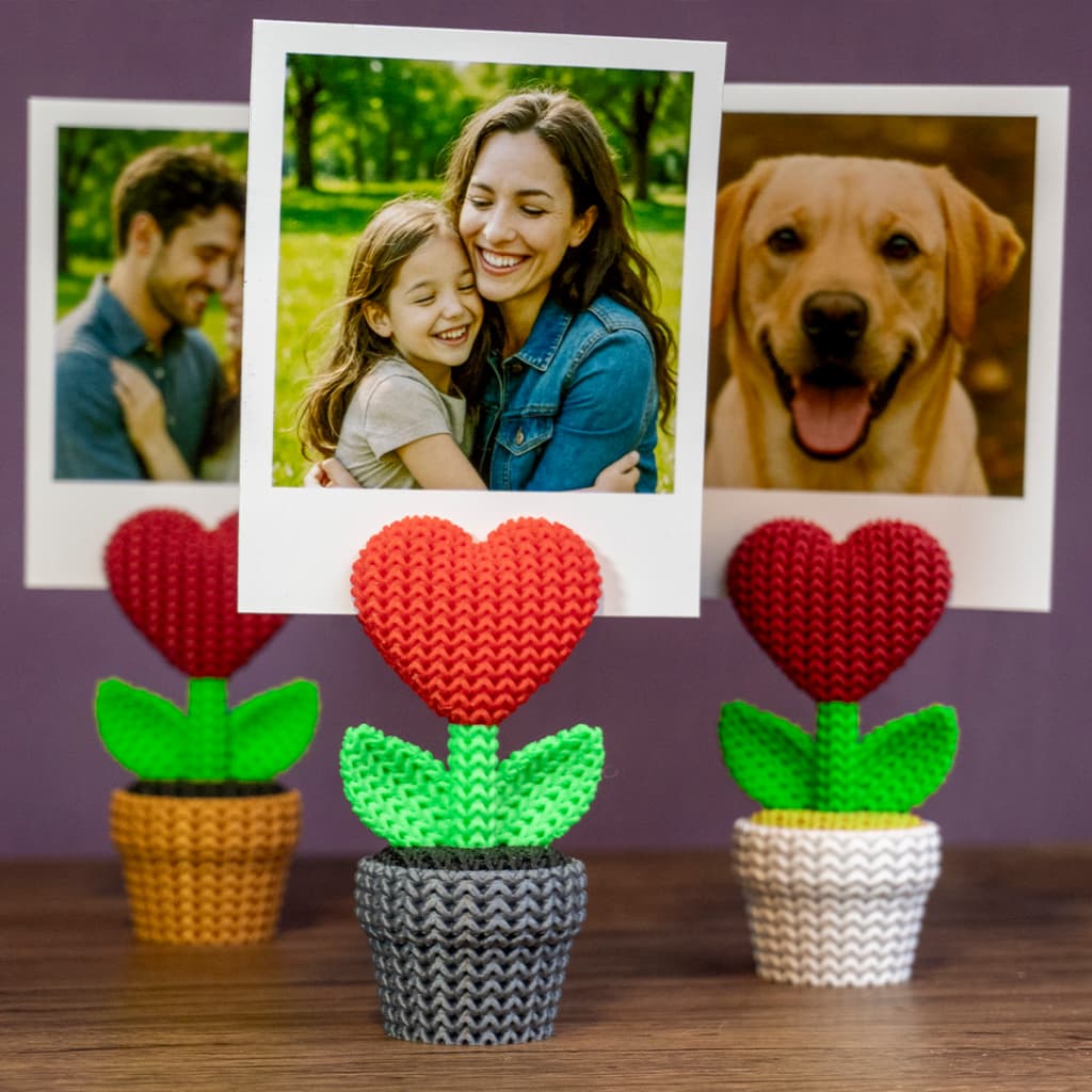 Suporte Expositor de Fotos Planta com Coração Textura Crochê Decorativo 3 unidades