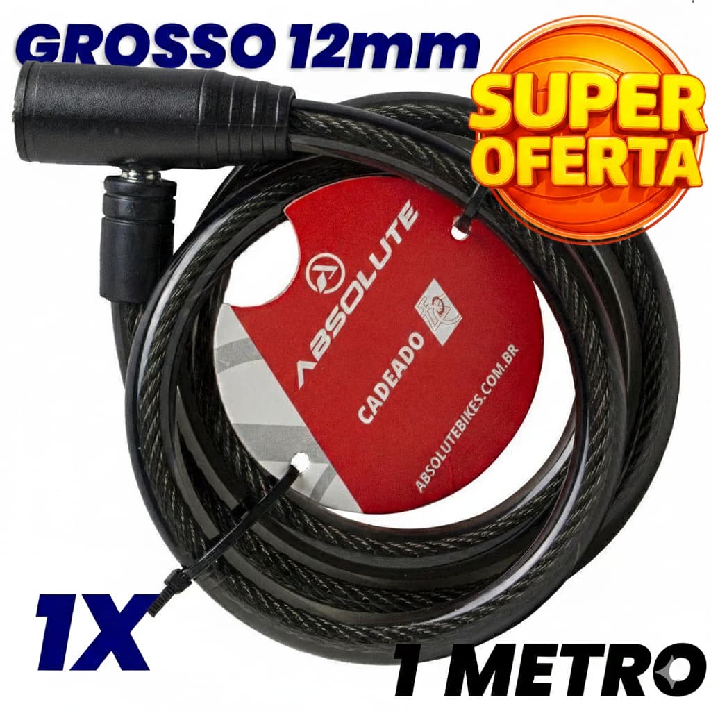 Cadeado Grosso Cabo Aço 1 metro X 12mm P/ Bike Moto 2 Chaves