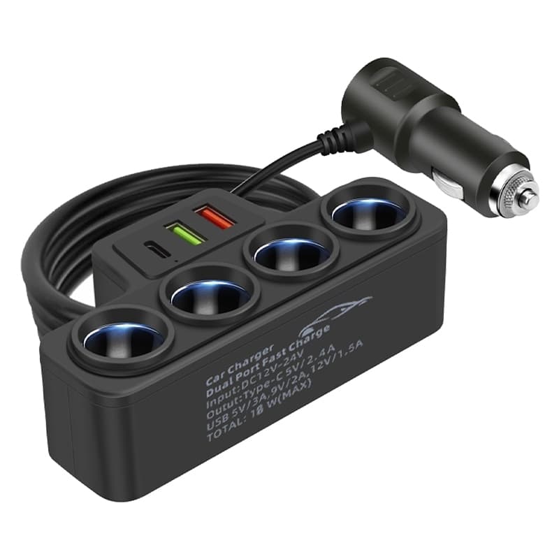 Adaptador 4 em 1 de Carregador de Carro 12V-24V | Divisor de Isqueiro 3 Soquetes + 2 Portas USB com LED e Carga Rápida