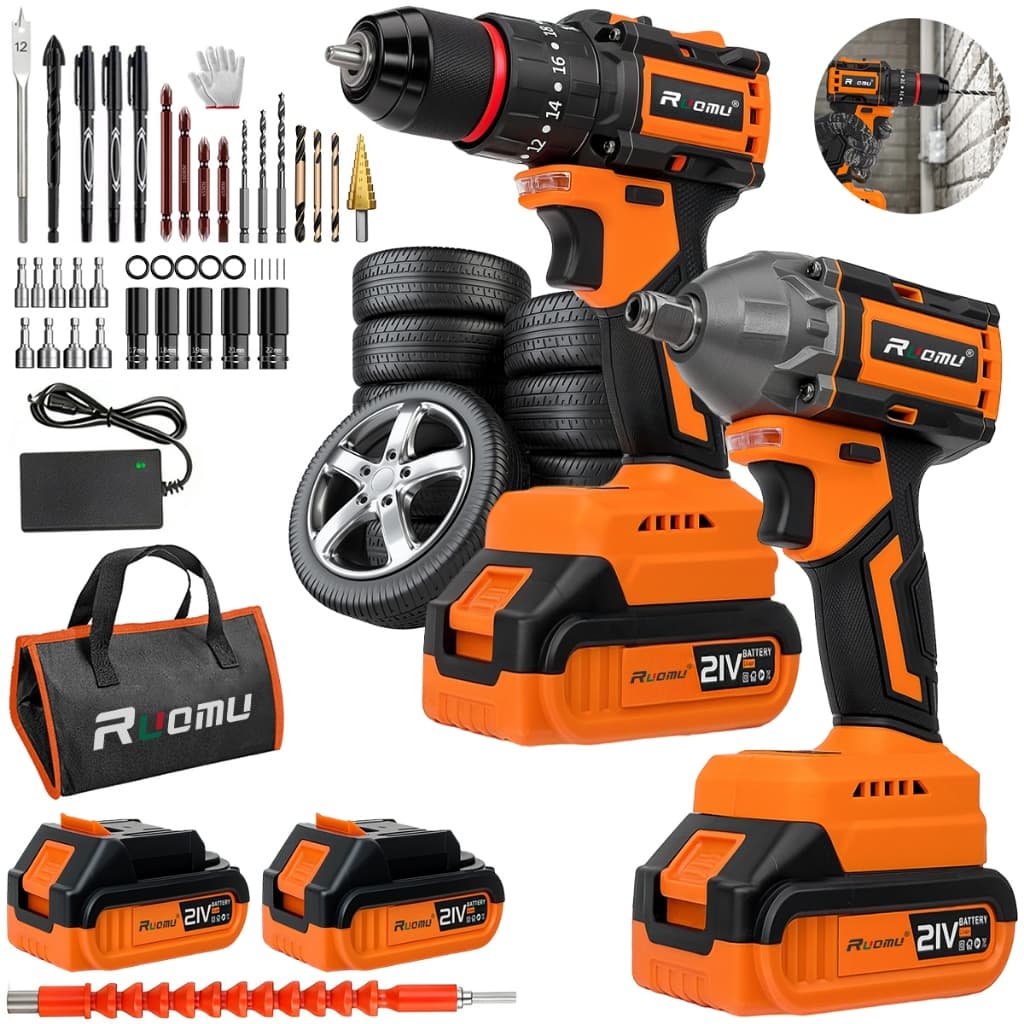 Kit 2 Chave De Impacto Elétrica + Parafusadeira Furadeira a Bateria Brushless 2 Baterias