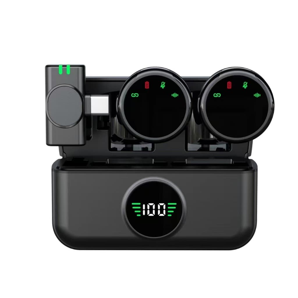 Microfone Lapela Sem Fio Duplo, Preto, USB Tipo-C, com Case de Carregamento