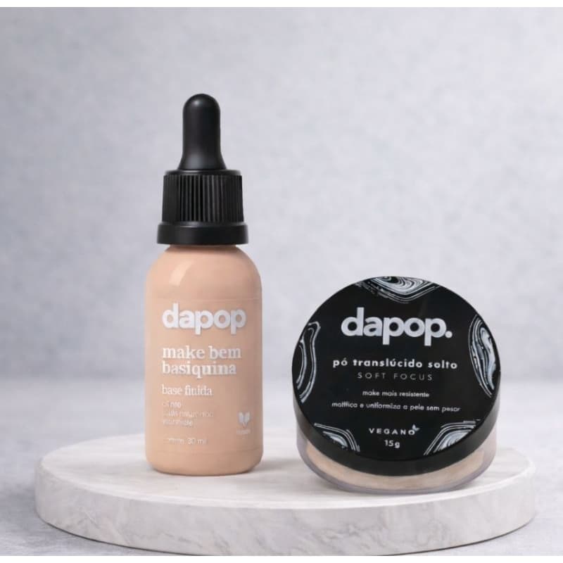 Kit Dapop Pele Perfeita Base Fluida Make Basiquinha + Pó Translúcido Soft Focus Acabamento Natural Profissional