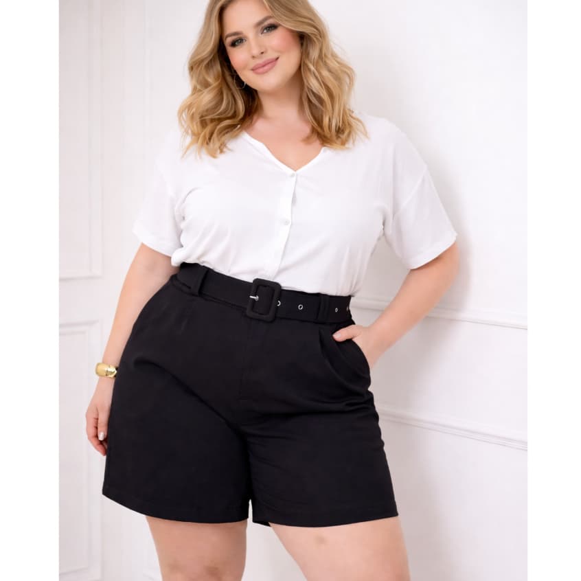 Shorts Alfaiataria Feminina Plus Size G1 G2 G3 com Cinto e Cintura Alta Moda Plus Social, Elegante