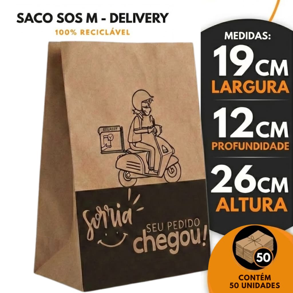 50 Sacos De Lanche Papel Kraft SOS Tamanho M Estampa Delivery 19x12x26cm Lanchonete Hamburgueria