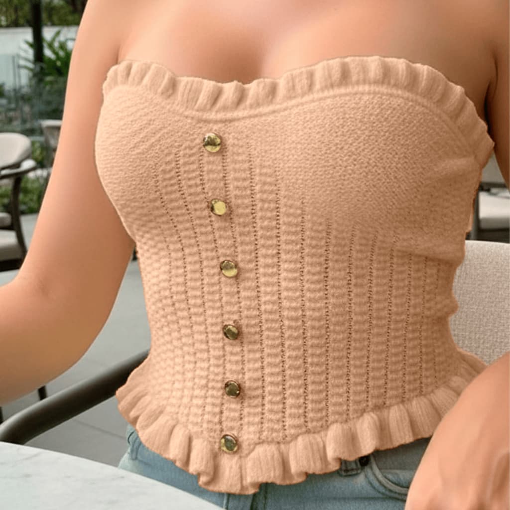 Blusa Cropped Tomara Que Caia Feminino Elegante Botão Blogueira Babado Botão Verão Canelado